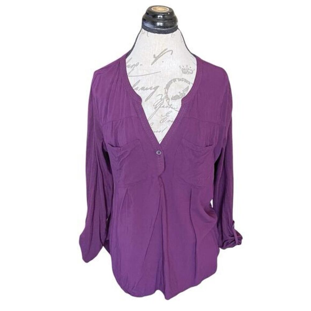 Merona Women’s Blouse Sz XL Purple Roll Tab Long Sleeve Office Work Wear Career